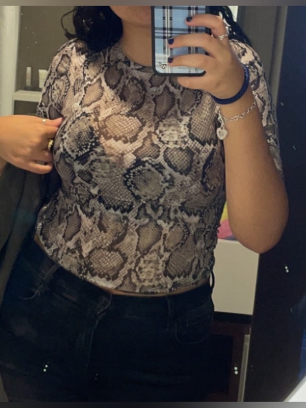 Snake Print Short Sleeve Crop Top - Brown